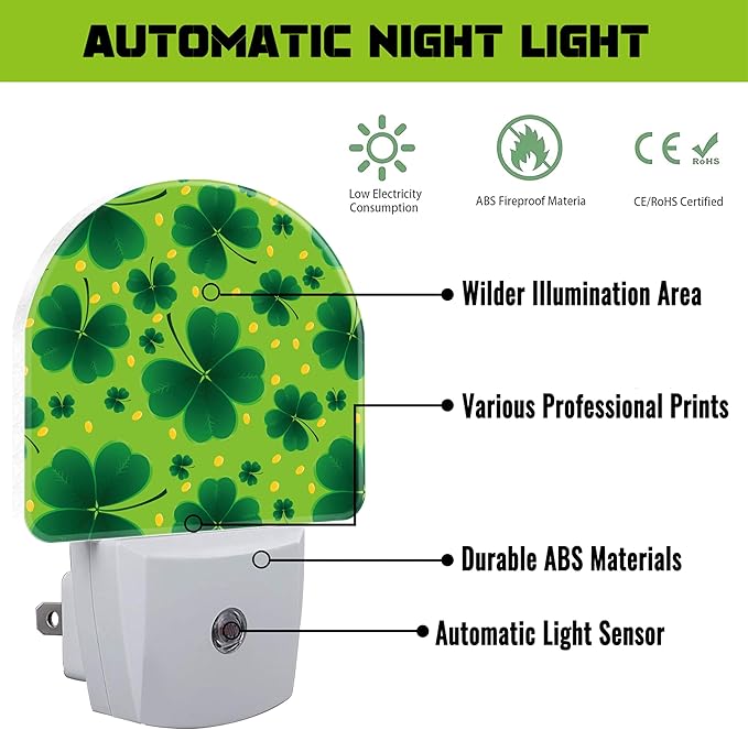 Saint Patricks Day Clover Night Light for Kids,St. Patrick's Day Shamrock Plug in Night Light with Dusk to Dawn Sensor, 0.5w Energy Saving Nightlight for Hallway Stairway Kitchen Bedroom