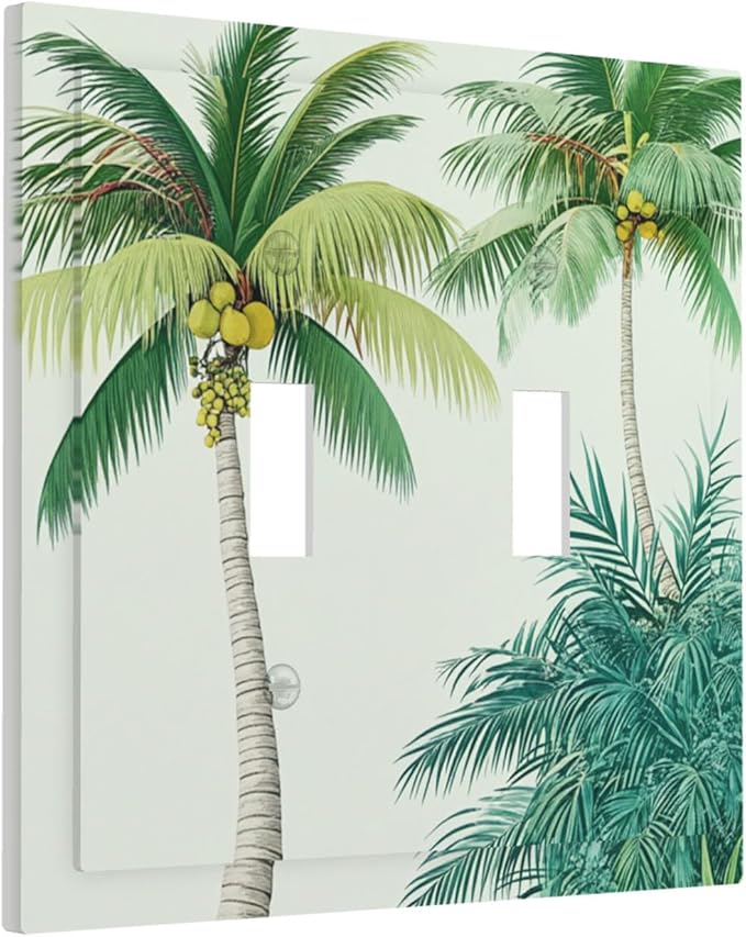 Tropical Palm Tree & Paradise Leaves Double Toggle Switch Cover - 2-Gang Standard US Size Island Vacation Vibes Light Switch Covers for Living Room Decor