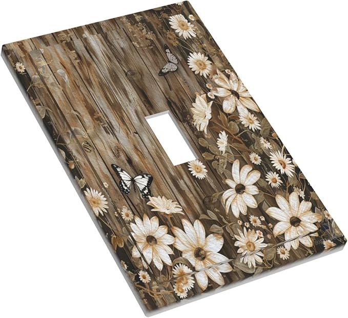 Light Switch Cover Plate Rustic Wood Butterflies Flowers Botanical 1 Gang Single Toggle Decorative Switch Plates Wall Plates Electrical Faceplate for Farmhouse Cabin Decor
