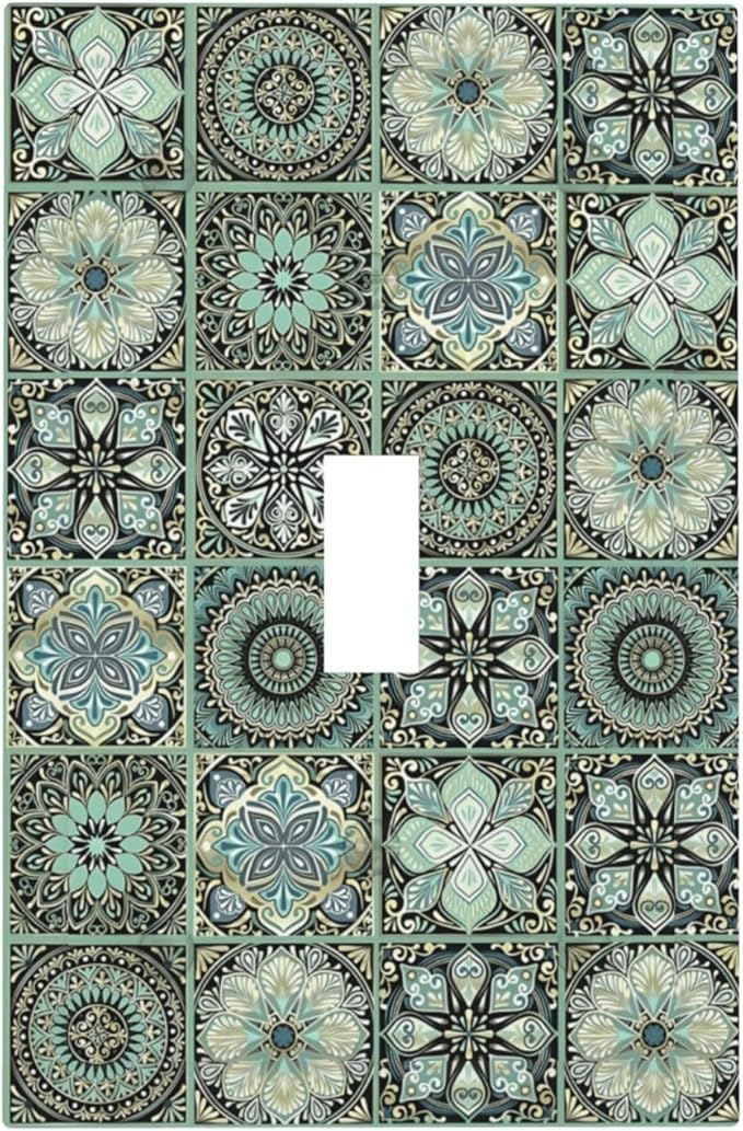 Moroccan Mandala Tile Floral Talavera Tiles Decorative Light Switch Cover 1 Gang Single Toggle Device Electrical Faceplate Switchplates Decorator Outlet Wall Plate for Bathroom Kitchen Decor