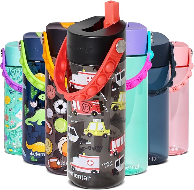 Elemental Water Bottles for Kids - Splash Kids Water Bottle for School with Pop-it Handle - BPA Free Tritan Plastic Water Bottle with Straw Leak Proof when Spout is Closed - Service Vechicle - 18oz
