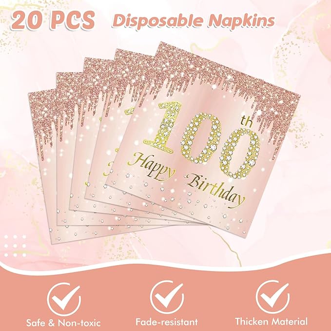 41Pcs 100th Birthday Decorations, Rose Gold Birthday Party Supplies Include 20Pcs Plates 20Pcs Napkins and 1Piece Tablecloth, Sweet One Hundred Year Old Birth Party Tableware for Girl Ladies Women