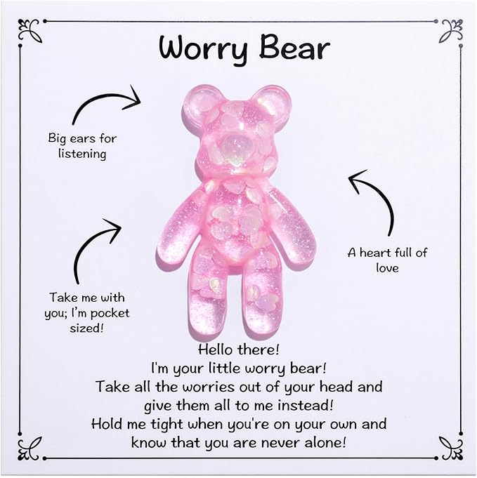 Aesnefe Pocket Worry Bear Hug, Anxiety Relief Keepsake, Mental Health Encouragement Gift, Emotional Support Token, Stress Comfort Gift for Adults, Pink