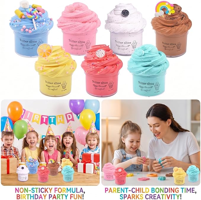 7 Pack Butter Slime Kit, Soft and Non-Sticky Sludge Toy, for Girls Boys Party Favor, Birthday Gifts, Stress Relief Toy