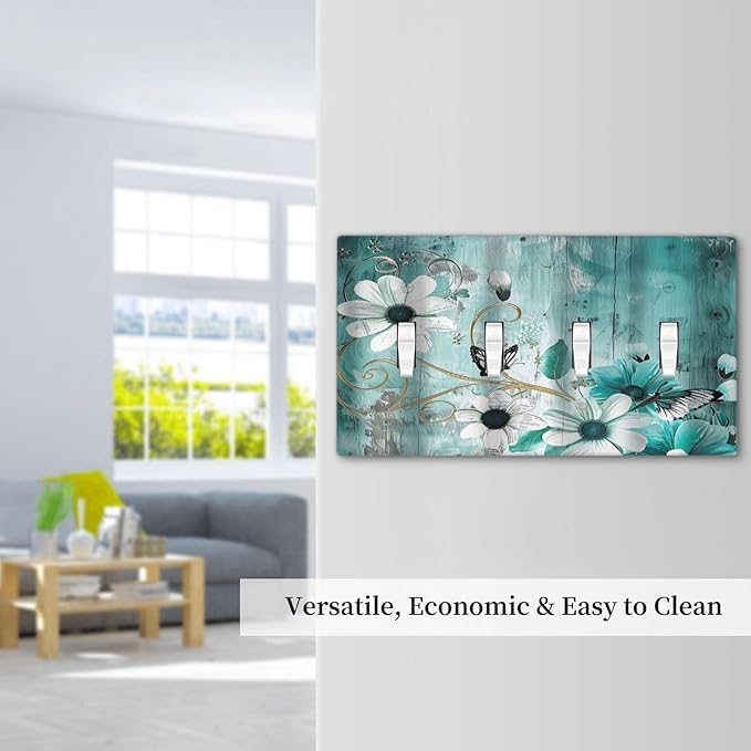 Decorative Switch Plate Covers Turquoise Flowers and Butterflies Rustic Teal White Floral 3 Gang Wall Plate Light Switch Cover Plate Triple Toggle Jumbo Electrical Faceplate for Bedroom Decor