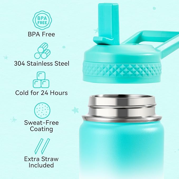 Fijinhom 12 oz Kids Water Bottle, Toddler Water Bottle with Straw, Boys&Girls Bottle for School, 304 Stainless Steel Vacuum Insulated Bottle for Kids, BPA-Free, Leak-Proof, Sea Salt