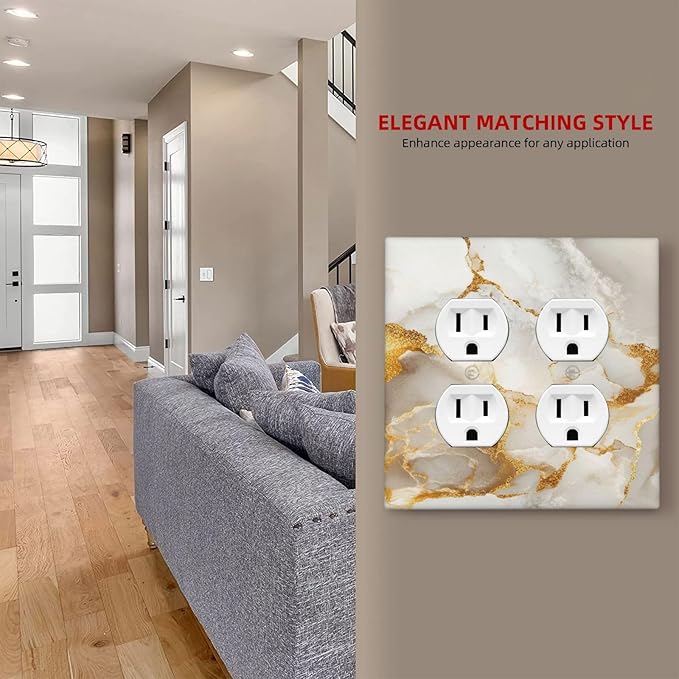Gold Marble Crack Simple Abstract Print Outlet Covers 2 Gang Double Duplex Decorative Light Switch Covers Electrical Wallplates Socket Faceplate for Bathroom Kitchen Home Decor