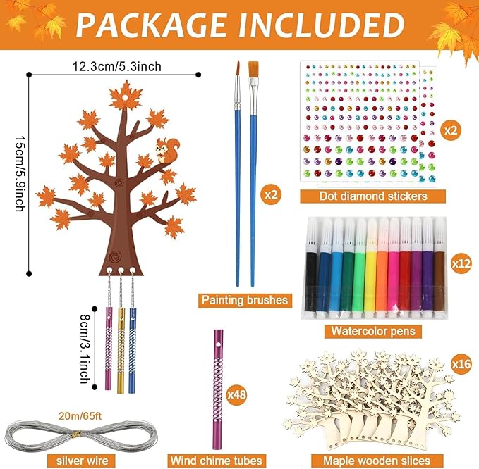 gisgfim 16 Pack Fall Wind Chime Crafts Kits for Kids Make Your Own Thanksgiving Maple Tree Wind Chime Wooden DIY Arts and Crafts for Autumn Party School Classroom Decorations Supplies Birthday Favors