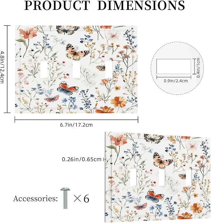 Decorative Switch Plates Vintage Wildflowers Plants Floral 3 Gang Wall Plate Triple Toggle Light Switch Cover Faceplate Electrical Wall Panels For Bed Room Living Room Decor