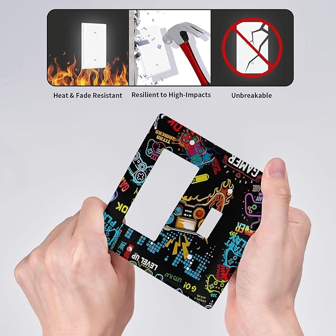 Gamer Video Game Themed Cool Controller Print Outlet Covers 1 Toggle 1 Rocker Combination Decorative Wall Plate Electrical Switch Plates Light Switch Cover Plate for Kids Room Office Decor
