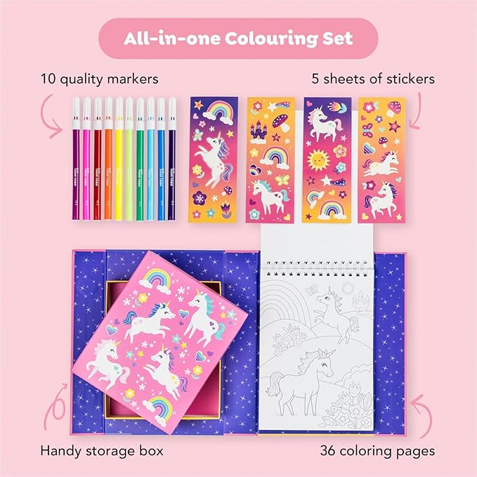 Tiger Tribe Coloring Set - Unicorns, Activity Set for Kids, incl. Stickers & Markers Portable Storage Box, Perfect for Travel, Great Gift