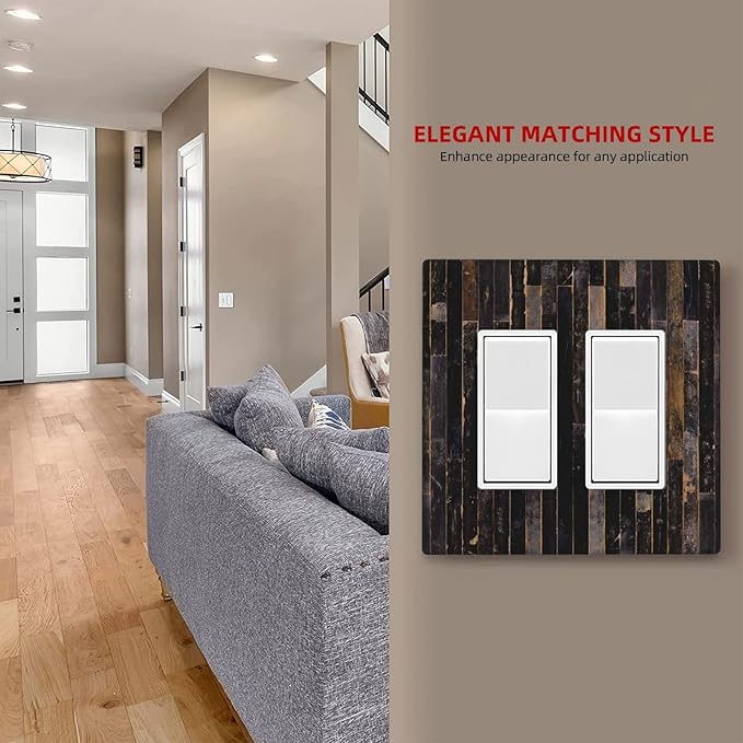 Decorative Switch Plate Covers Black Farmhouse Wood Board 2 Gang Double Rocker Decora Light Switch Cover Western Country Lodge Dual Outlet Wall Plate Electrical Faceplate GFCI for Bathroom