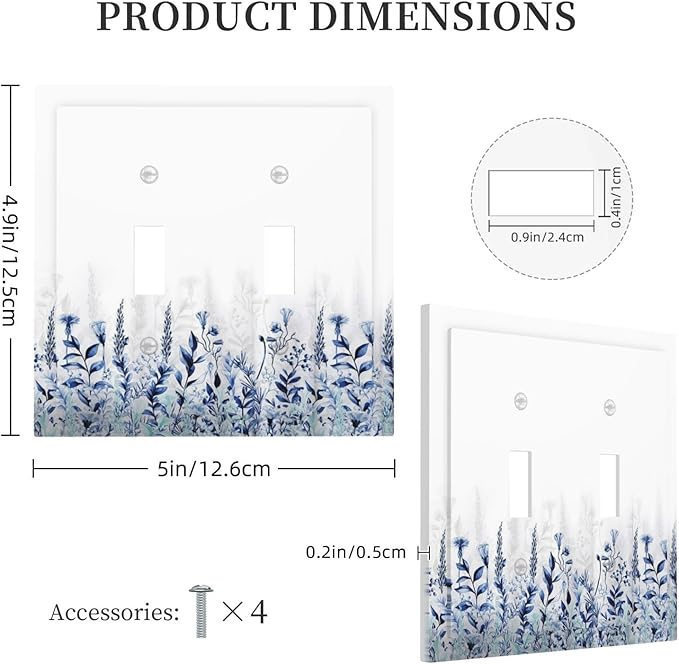 Decorative Light Switch Cover Plate Rustic Blue Plants Wildflowers Boho Leaves Unique 2 Gang Wall Plate Cover Double Toggle Switch Plate Covers Electric Dual Device Electrical Faceplate