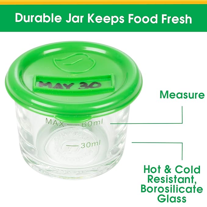 Glass Baby Food Containers (24 Pack) - 2oz Jar Container Includes Lids, Storage Tray, Dry-Erase Marker to Write On Lids - Microwave, Freezer, Dishwasher Safe - BPA & Phthalate Free Baby Food Storage