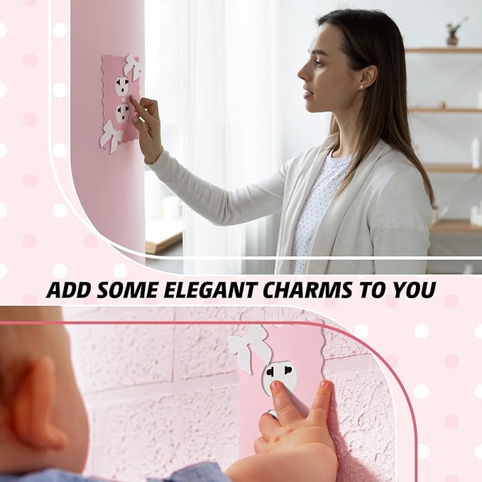 Relaxweex 2 Pcs Pink Bow Light Switch Cover Wall Plate Room Decor Metal Toggle Pink and White Cute Decorative Outlet Cover for Bedroom Home Decor (Round Hole)