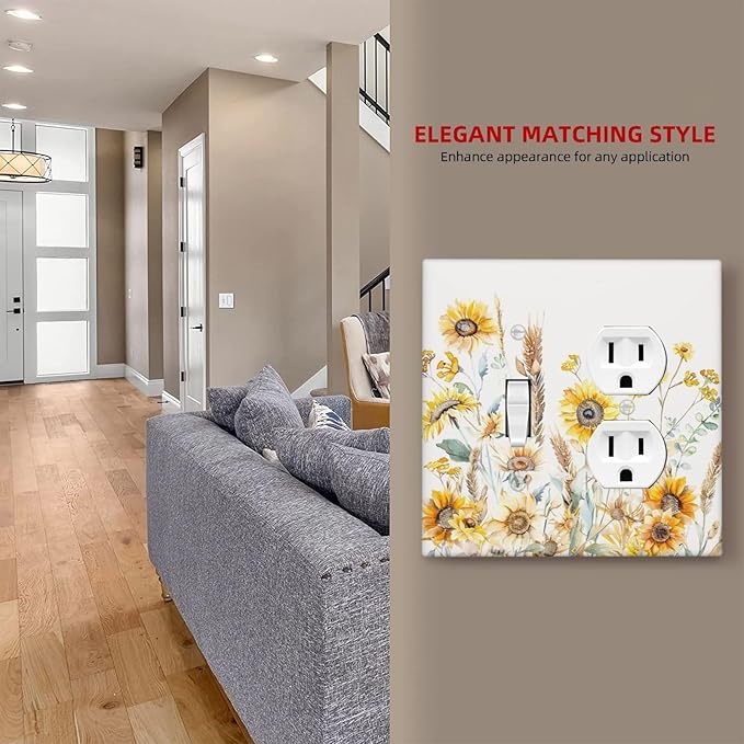 Yellow Floral Sunflowers Wheat Ears Watercolor Wild Flowers Wallplates 1 Toggle 1 Duplex Switch Plate Electrical GFCI Faceplate Decorative Light Switch Covers for Bedroom Living Room Decor
