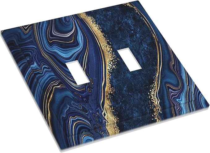 Luxury Marble Navy Blue 2 Gang Double Toggle Light Switch Cover Decorative Wall Plate Faceplate For Boys Men Modern Art Agate Stone Watercolor Gold Line Bathroom Home Living Room Decor 5" x 4.9