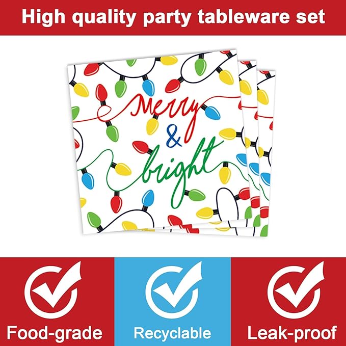 ZOIIWA 96PCS Merry Christmas Party Tableware Set Christmas Lights Party Supplies Merry and Bright Disposable Dinnerware Plates Napkins Forks with Holiday String Lights for Xmas Birthday Favors