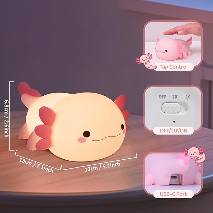 YuanDian Axolotl Night Light, Gift for Adults Teens and Babies. Decorate Kids' Bedroom with Cute Silicone Axolotl Nightlights, Christmas Birthday Gift for Children and Toddlers