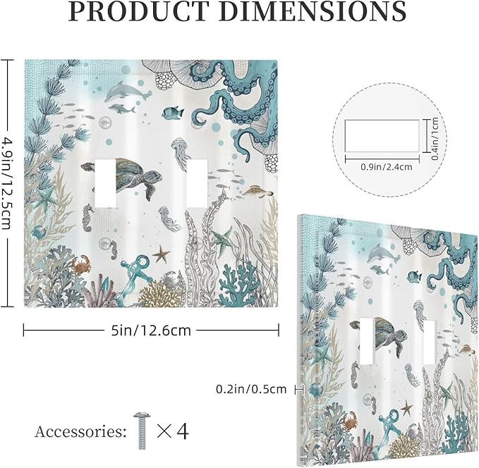Sea Turtle Octopus Ocean Underwater Animal Double Toggle Light Switch Covers Decorative Unique 2 Gang Wall Plate Dual Electrical Faceplate Switchplate for Kitchen Bathroom Bedroom Decor