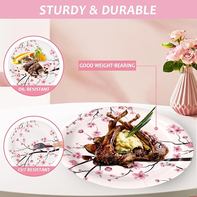 Qyeahkj 100 PCS Cherry Blossom Party Supplies Set Cherry Blossom Plates and Napkins Japanese Disposable Paper Party Tableware Forks Packs Decorations for Hibachi Spring Birthday Decoration Serve 25
