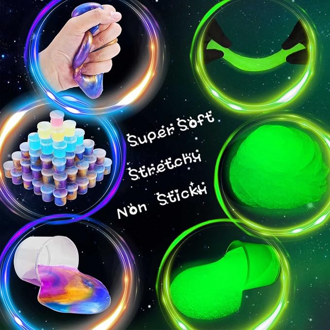60 Pack Galaxy Slime Pack, Including Glow in The Dark Slime 30 Pack and Galaxy Color 30 Pack, Super Soft and Stretchy Slime Toy for Kids Valentine, Birthday, Classroom Prizes, Goodies Bag Stuffer.