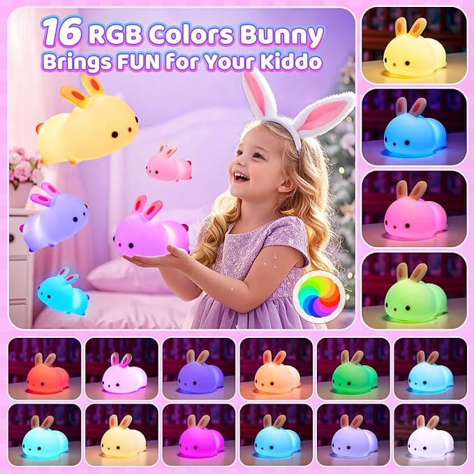 One Fire Easter Bunny Gifts for Kids Night Light with Remote, 16 Colors+5 Brightness Cute Lamp,Easter Bunny Decor/Stuff/Toys for Baby Toddler Soft Silicone Night Light, 1200mAh Portable Bunnies Lamps