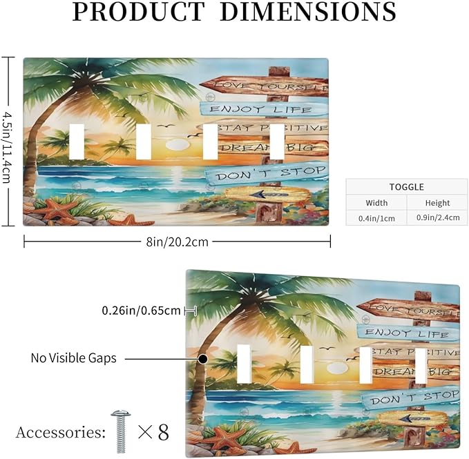 Tropical Beach Palm Tree Summer Coastal Ocean Sunset Light Switch Covers Quad Toggle Electrical Faceplate 4 Gang Wall Plate Decorative Switch Plates for Bedroom Living Room Decor