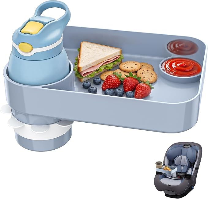 Kids Car Seat Tray, Travel Tray with Cup Holder for Toddler Baby, Kids Car Seat Food Snack Organizer for Road Trip, Stroller Snack Organizer Travel Must Haves Toddler Must Haves (Light Gray, 1 Pack)