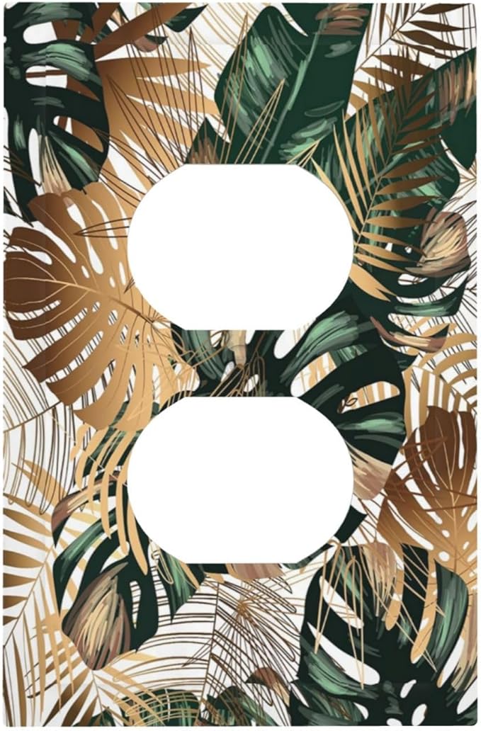 Green Tropical Leaves Gold Palm Leaf Botanical 1 Gang Outlet Plate Decorative Single Duplex Wall Plate Covers Unique Electrical Receptacle Light Switch Cover Faceplate Switchplate for Bedroom Decor