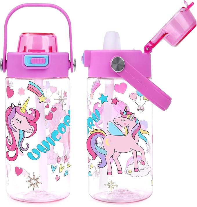 Queenshin Girls Unicorn Water Bottle for School 20oz BPA-Free Tritan Outdoor Kids Sports Water Cup Leak Proof with Straw Lid Handle Pop-Up Spout Cover