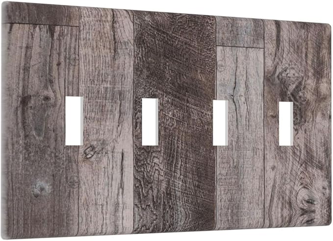 Light Switch Covers Rustic Dark Grey Wood Retro Country Wooden Quad Toggle Electrical Faceplate 4 Gang Wall Plate Decorative Switch Plates for Farmhouse Cabin Decor