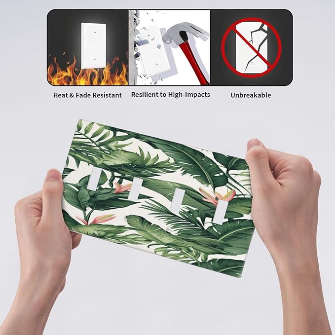 Tropical Leaf Jungle Botanical Palm Tree Greenery Floral Light Switch Covers Quad Toggle Electrical Faceplate 4 Gang Wall Plate Decorative Switch Plates for Bedroom Living Room Decor