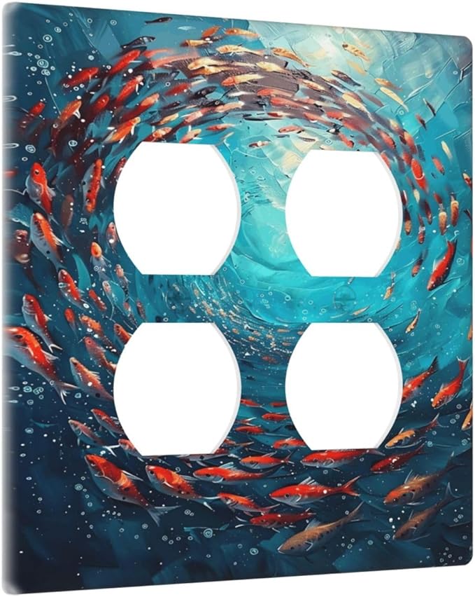 Ocean Fish School Of Fish Vortex Deep Sea Outlet Covers 2 Gang Double Duplex Decorative Light Switch Covers Electrical Wallplates Socket Faceplate for Kids Room Bedroom Decor