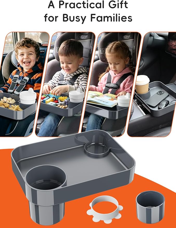 Car Seat Cup Holder Snack Tray for Kids, Reduces Mess, Detachable Large Base & Adjustable Ring, Carseat Tray for Toddler, Car Seat Food Tray Table for Kids Travel Road Trip Essentials-Dark Gray