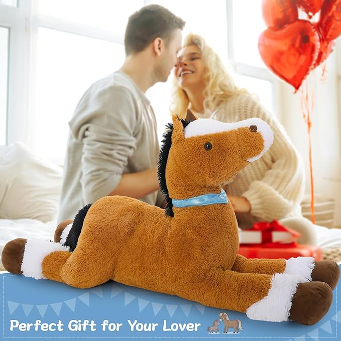 Tezituor 35 Inches Realistic Horse Stuffed Animal, 3ft Large Stuffed Pony Plush Farm Toy, Hugging Soft Darkbrown Horse Plush Pillow Gift for Boys Girls Birthday Decor