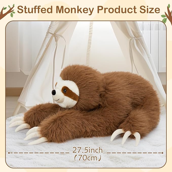 BENINY Large Sloth Stuffed Animals 28", Realistic Three Toed Big Sloth Plush Pillow with Snap Button Hands for Hanging, Gifts for Teens Adults Decors