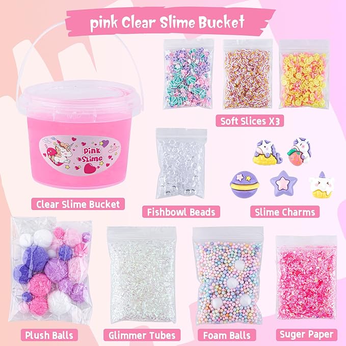 10 FL OZ Unicorn Slime Kit, Pink Clear Slime Bucket, Slimes Party Favors for Kids, Glimmer Crunchy Slimes Includes 9 Packs of Add-ins, Sensory Experience DIY Toys for Girls and Boys Ages 8-12