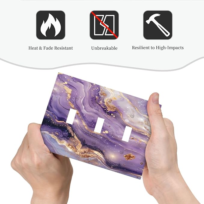 Abstract Purple Gold Marble Texure Luxurious Decorative Switch Plates 3 Gang Wall Plate Triple Toggle Light Switch Cover Faceplate Electrical Wall Panels for Bathroom Living Room Decor