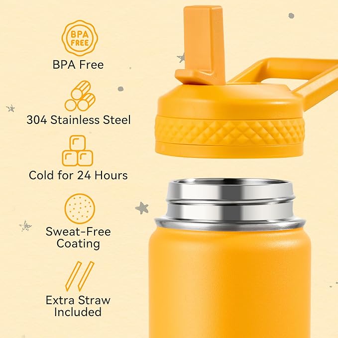Fijinhom 12 oz Kids Water Bottle, Toddler Water Bottle with Straw, Boys&Girls Bottle for School, 304 Stainless Steel Vacuum Insulated Bottle for Kids, BPA-Free, Leak-Proof, Sunrise