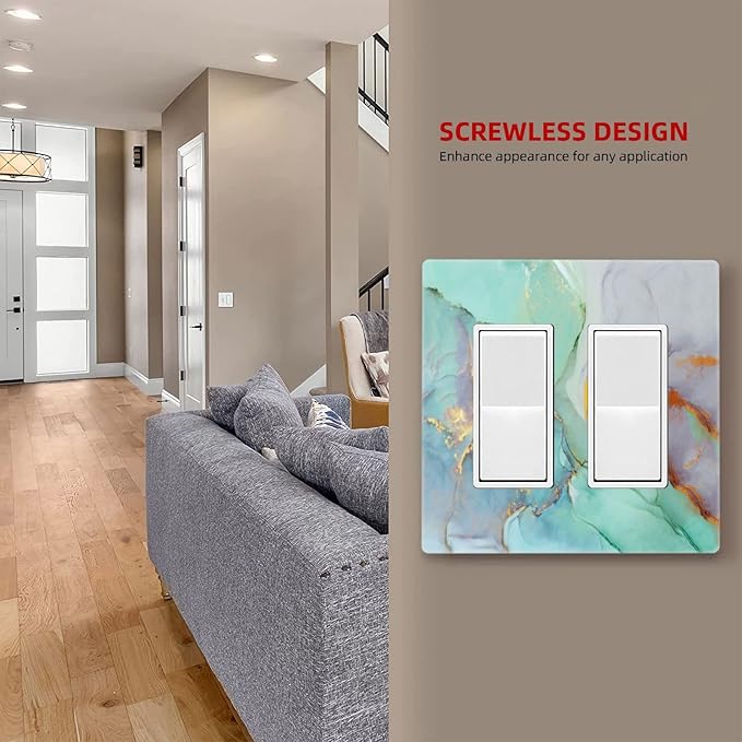 Teal Green Marble 2 Gang Double Rocker/Decor Light Switch Cover Decorative Outlet Wall Plate Electrical Faceplate Home Bedroom Art Panel Decor Screwless 4.7" x 4.6