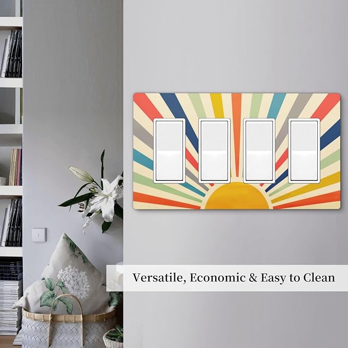 70s Hippie Bohemian Minimalist Aesthetics Art Mid Century Boho Abstract Sun 4 Gang Quad Device Screwless Decorator GFCI/Rocker Wall Plate Light Switch Dimmer Receptacle Outlet Cover Standard Size