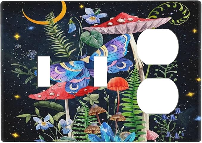 Hippie Mushroom Boho Starry Moon Night Stars Butterfly 3 Gang Combination 2 Toggle 1 Duplex Receptacle Light Switch Wall Plates and Outlet Cover Triple Device Combo Two Toggle One Receptacle Cover