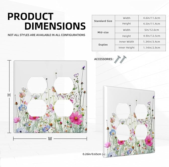Outlet Covers Boho Colorful Flowering Plant Wild Flower 2 Gang Double Duplex Decorative Light Switch Covers Electrical Wallplates Socket Faceplate For Bed Room Living Room Decor