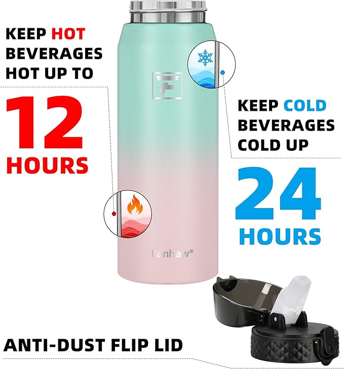 Fanhaw 24 oz Insulated Stainless Steel Water Bottle with Straw Lid, Leakproof & Anti-Dust Sports Bottle for Kids, Women & Men (Green Pink)