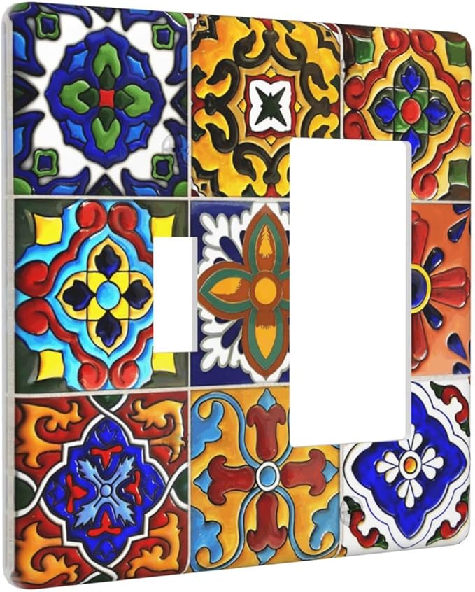 Vintage Colorful Boho Mexican Moroccan Tile Outlet Covers 1 Toggle 1 Rocker Combination Decorative Wall Plate Electrical Switch Plates Light Switch Cover Plate for Farmhouse Home Decor