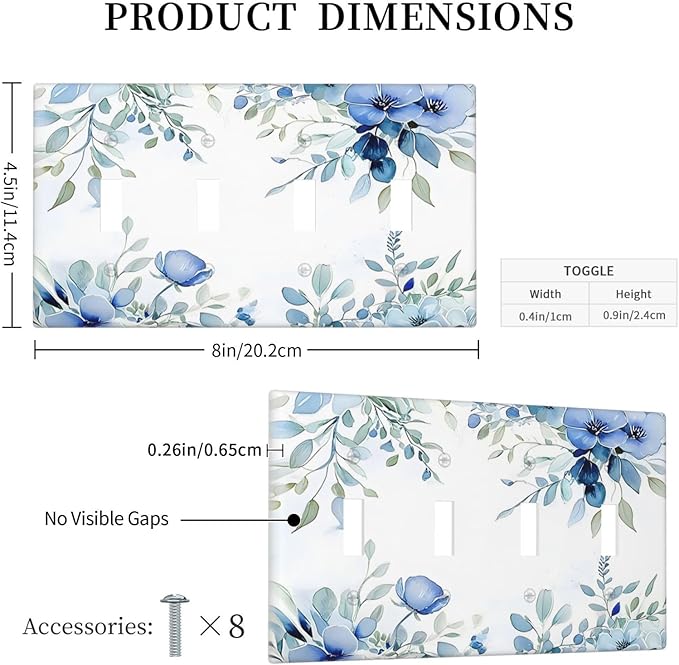Watercolor Blue Flower Plant Floral Green Leaves Light Switch Covers Quad Toggle Electrical Faceplate 4 Gang Wall Plate Decorative Switch Plates for Bedroom Living Room Decor