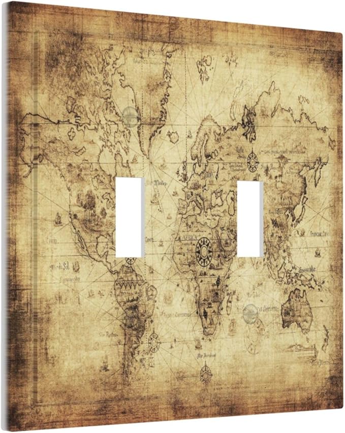 Old World Ocean Map 2 Gang Double Toggle Light Switch Cover Electric Wall Plate Electrical Faceplate for Bathroom Home Living Room Jumbo Size Decor
