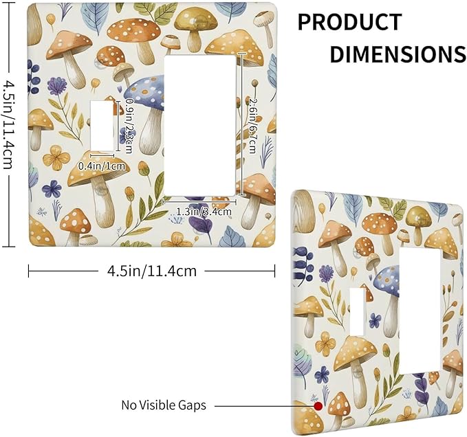 Boho Watercolor Mushroom Flowers Leaf Colorful Floral Outlet Covers 1 Toggle 1 Rocker Combination Decorative Wall Plate Electrical Switch Plates Light Switch Cover Plate for Kids Room Nursery Decor
