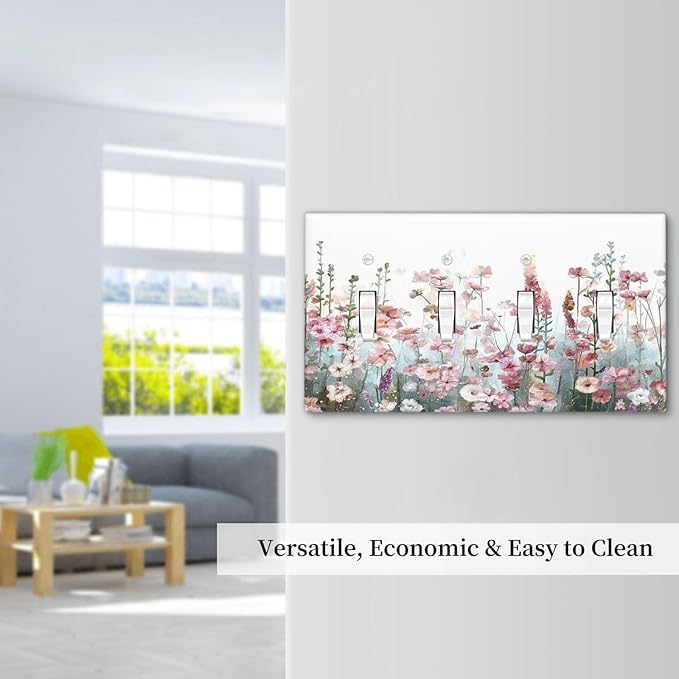 Colorful Flowers Pink Floral Watercolor Plant Light Switch Covers Quad Toggle Electrical Faceplate 4 Gang Wall Plate Decorative Switch Plates for Bed Room Living Room Decor